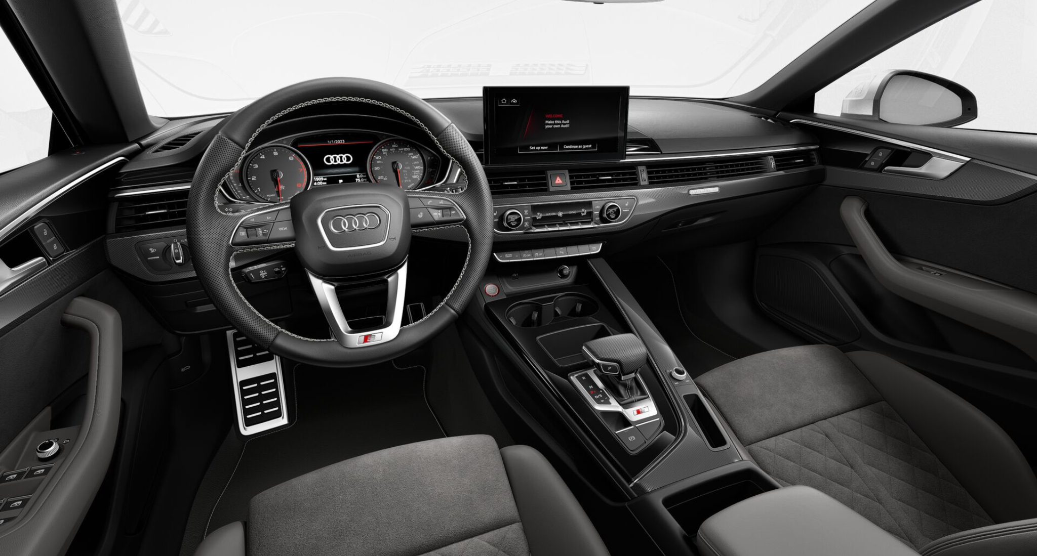 Driver-focused cockpit of the 2025 Audi S5 Sportback showcasing a modern digital instrument cluster, Audi Virtual Cockpit Plus, MMI infotainment system, and sporty flat-bottom steering wheel.