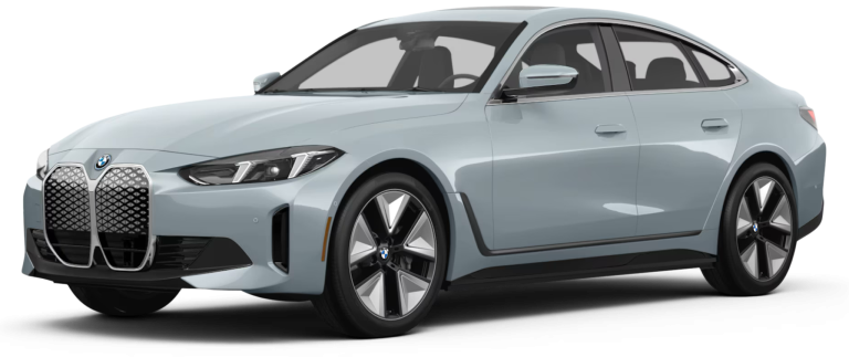 Sleek front view of the 2025 BMW i4 lease sedan in a modern city setting.