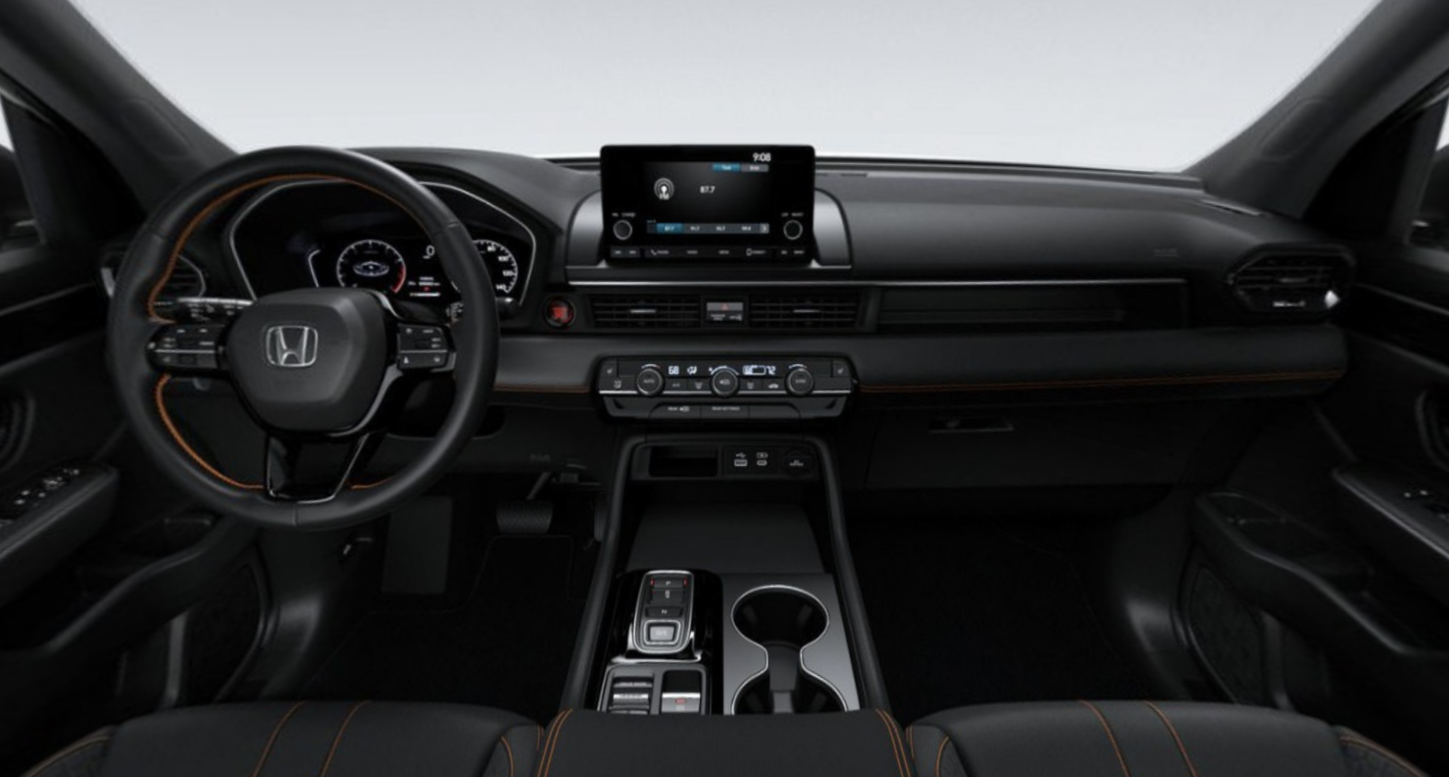 2025 Honda Pilot Sports AWD dashboard featuring advanced infotainment system, digital instrument cluster, and ergonomic steering wheel.