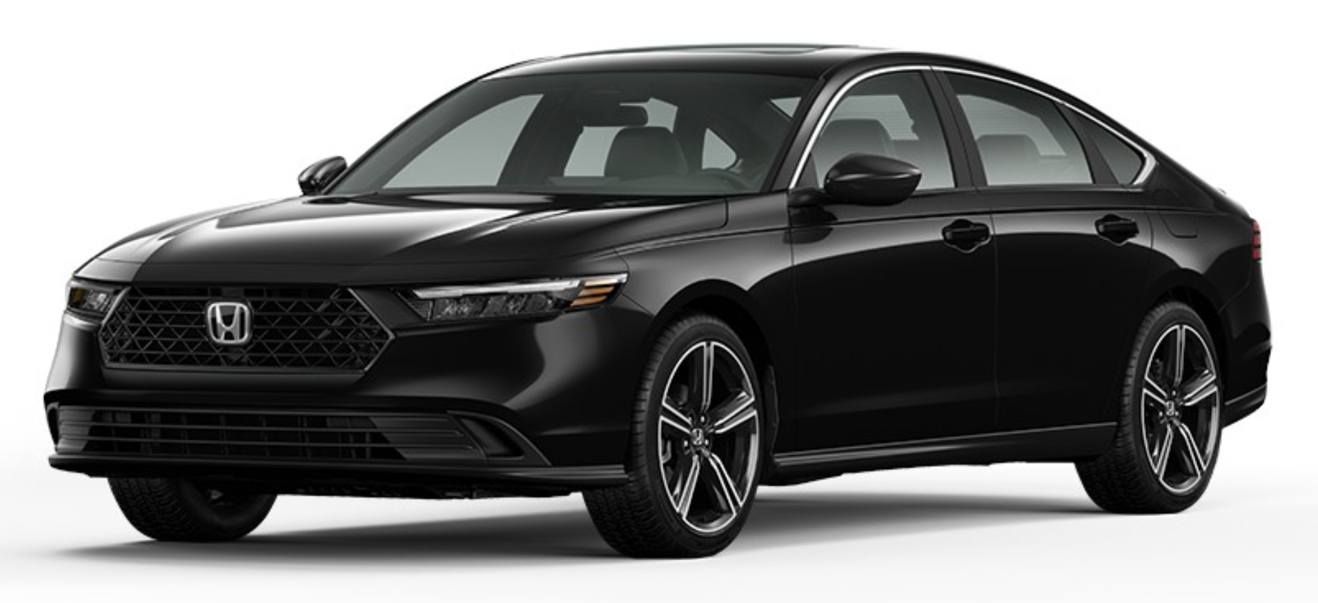 2025 Honda Accord Sport Hybrid front view in Crystal Black Pearl with gloss-black grille and LED headlights