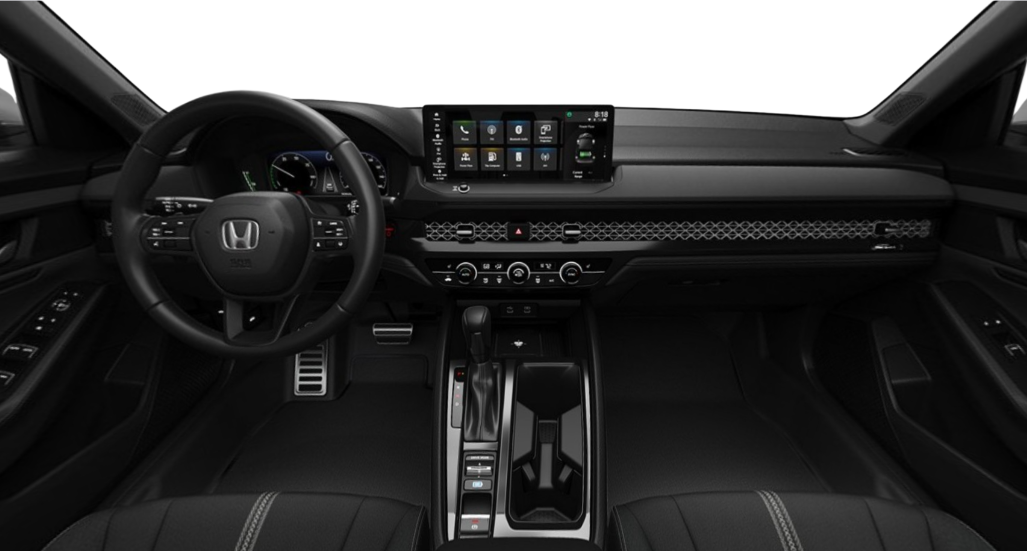 Interior view of the 2025 Honda Accord Sport Hybrid featuring 12.3-inch touchscreen, wireless Apple CarPlay, and modern dashboard design