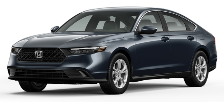 Front angle view of the 2025 Honda Accord LX FWD highlighting its sleek LED headlights, stylish grille, and modern aerodynamic design.