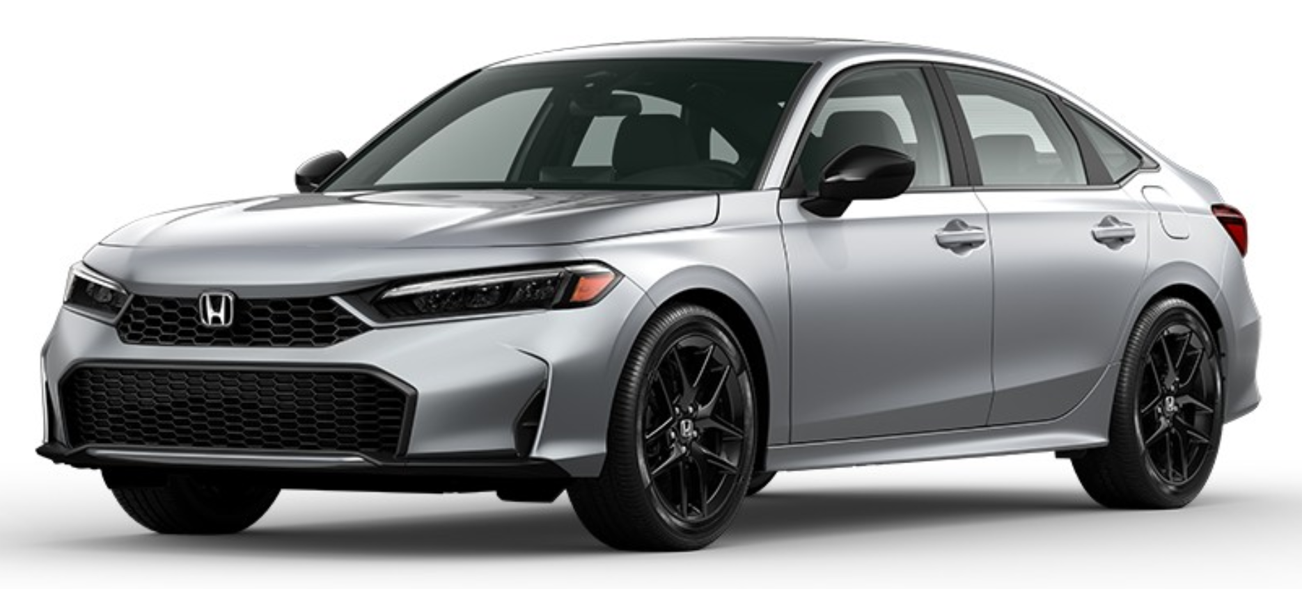 Front exterior view of the 2025 Honda Civic Sport Hybrid in silver with stylish LED headlights, sporty grille, and dynamic stance.