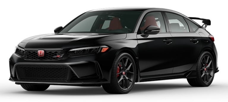 Aggressive front view of the 2025 Honda Civic Type R in black, featuring a bold grille, LED headlights, and red Honda badging.
