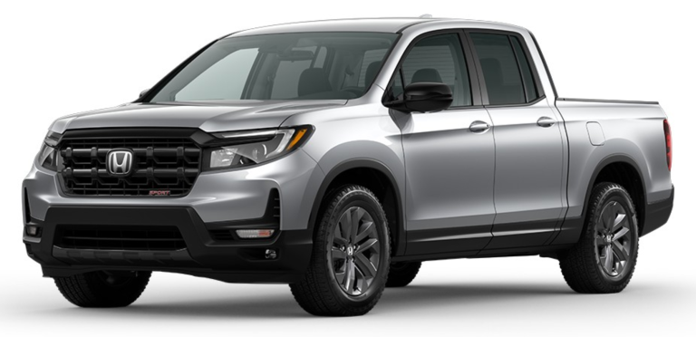 2025 Honda Ridgeline Sport in Lunar Silver Metallic, showcasing bold front grille, LED headlights, and rugged body design.