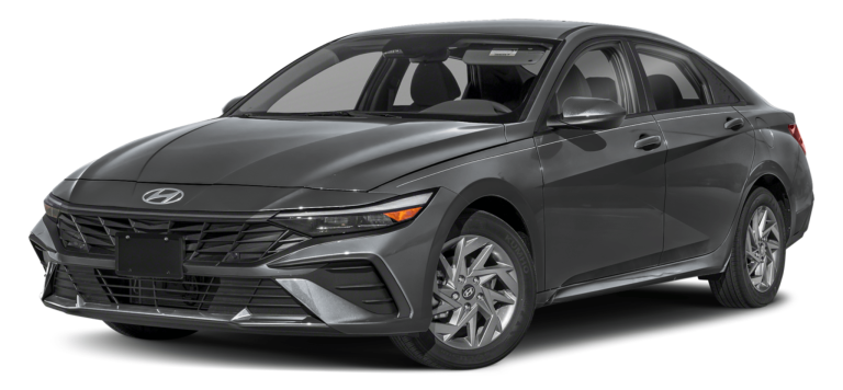 Front view of the 2025 Hyundai Elantra Hybrid Blue in dark gray, showcasing its aerodynamic design, signature Hyundai grille, and LED headlights.
