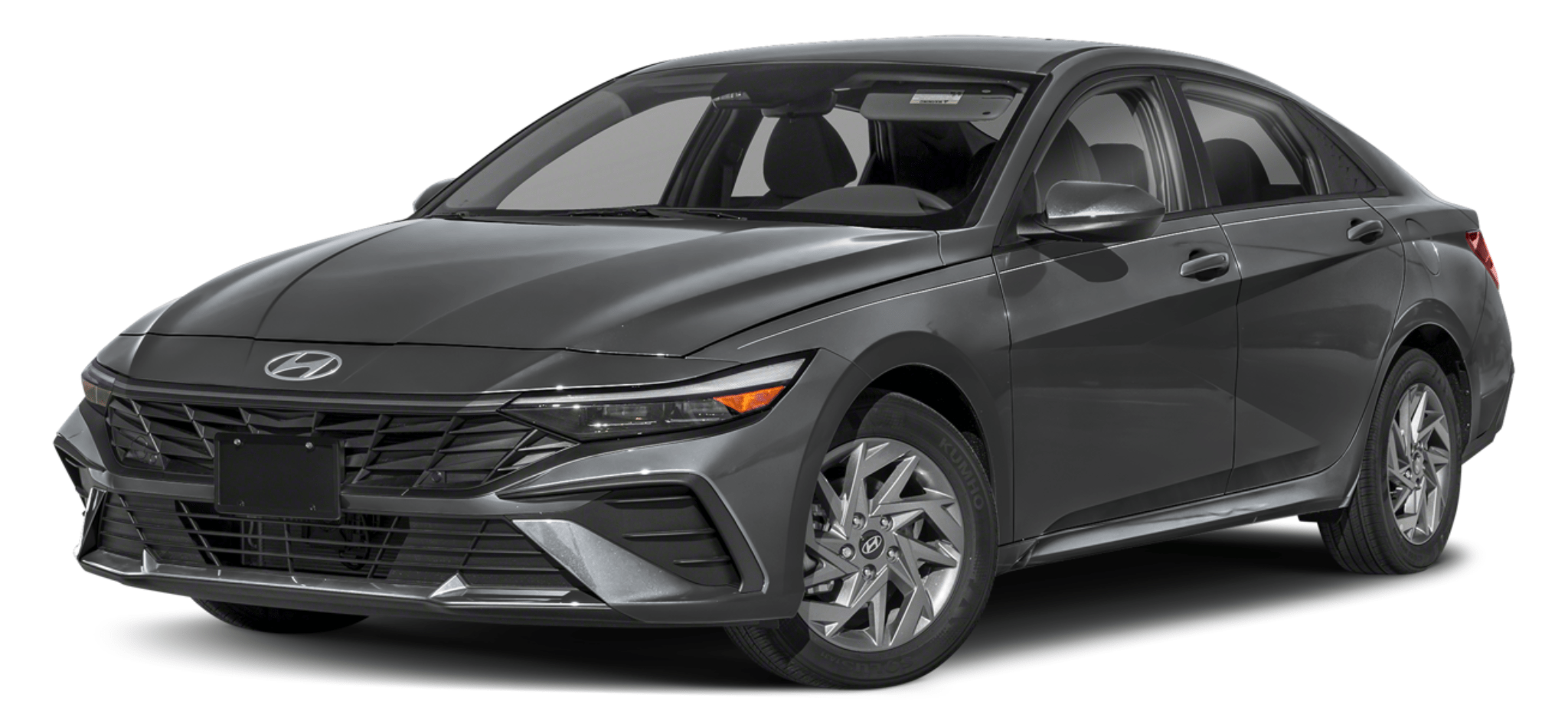 Front view of the 2025 Hyundai Elantra Hybrid Blue in dark gray, showcasing its aerodynamic design, signature Hyundai grille, and LED headlights.