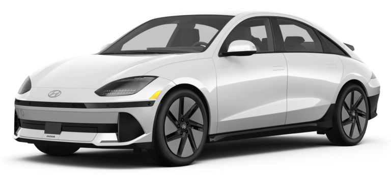 Front view of the 2025 Hyundai IONIQ-6 RWD, displaying its futuristic LED headlights, smooth grille-less front fascia, and bold aerodynamic styling.