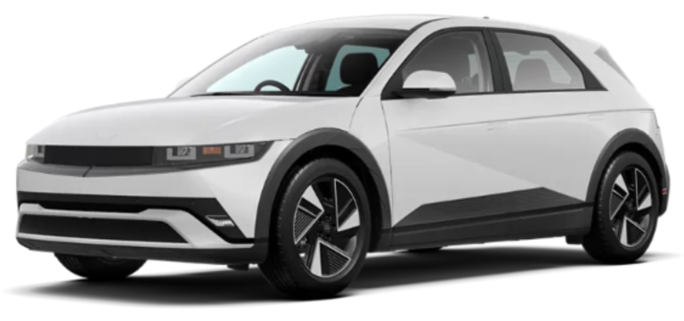 Front exterior view of the 2025 Hyundai Ioniq-5 RWD SE showcasing its distinctive LED headlights, bold grille-less front, and futuristic crossover SUV styling.