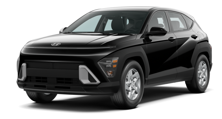 Front view of the 2025 Hyundai Kona SE compact SUV in black, showcasing its modern grille, LED daytime running lights, and sculpted front bumper design.