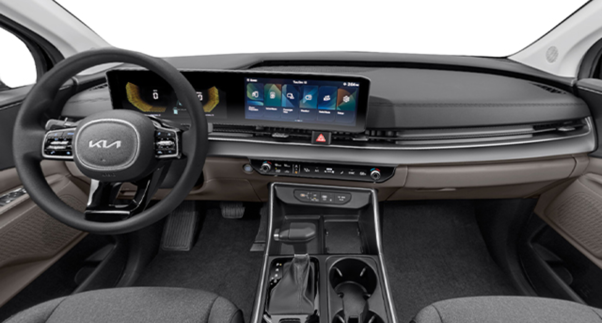 2025 Kia Carnival LX FWD interior dashboard featuring a 12.3-inch touchscreen display with navigation, digital instrument cluster, and premium driver-focused controls.