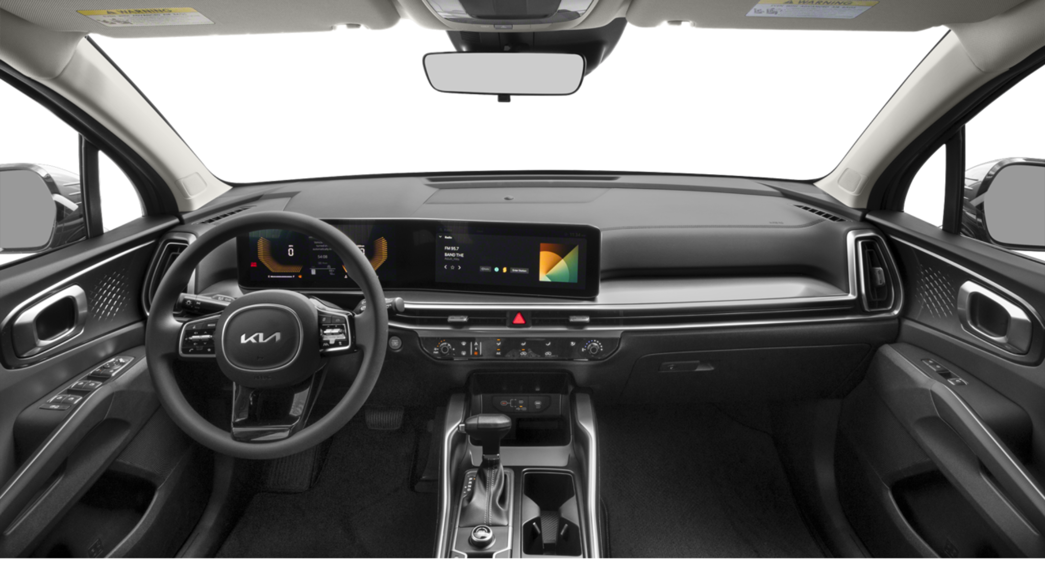 2025 Kia Sorento LX FWD interior featuring a modern dashboard layout, 12.3-inch panoramic touchscreen display, and multifunction steering wheel.