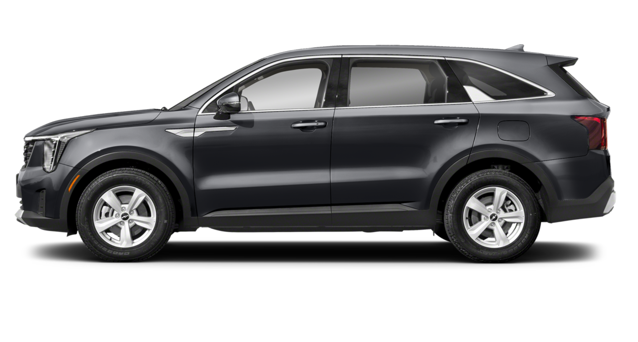 2025 Kia Sorento LX FWD side profile view in black, showcasing its sleek body lines, 17-inch alloy wheels, and modern SUV design.