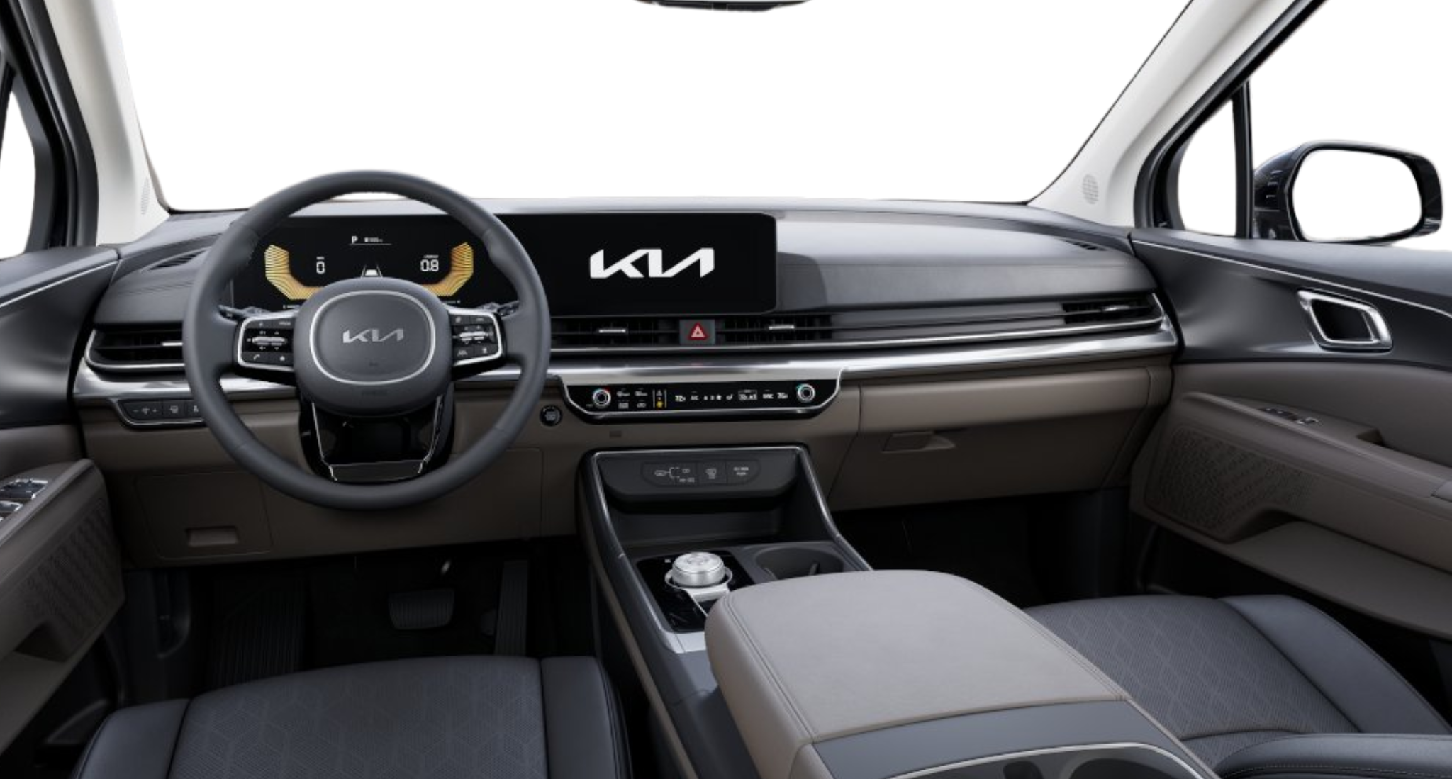 2025 Kia Carnival Hybrid LXS interior showcasing the modern dashboard with a 12.3-inch touchscreen display, digital instrument cluster, leather-wrapped steering wheel, and premium dual-tone cabin design.