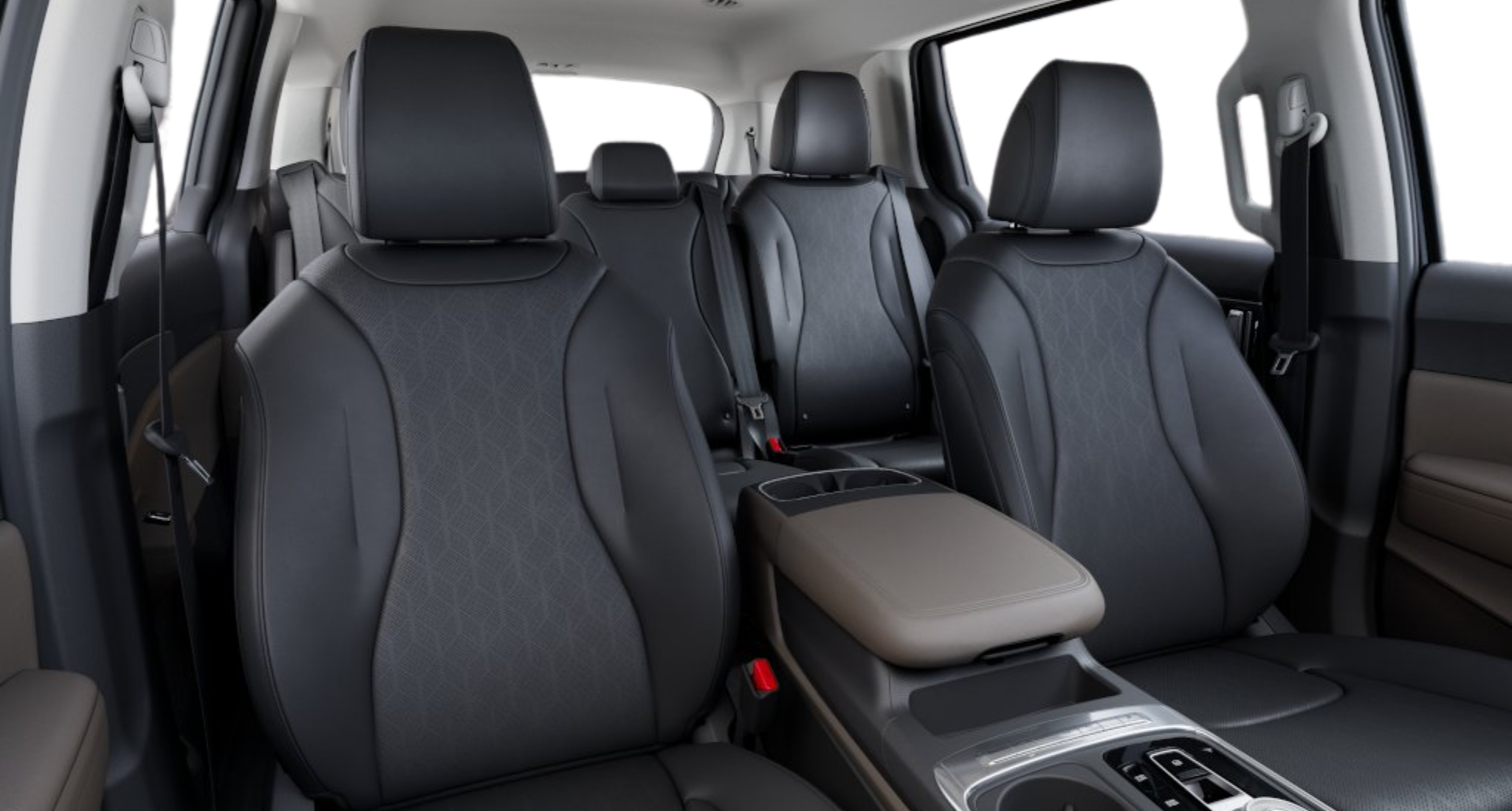 2025 Kia Carnival Hybrid LXS rear passenger seats featuring black SynTex upholstery, spacious second-row Slide-Flex seating, and versatile third-row configuration for up to eight passengers.