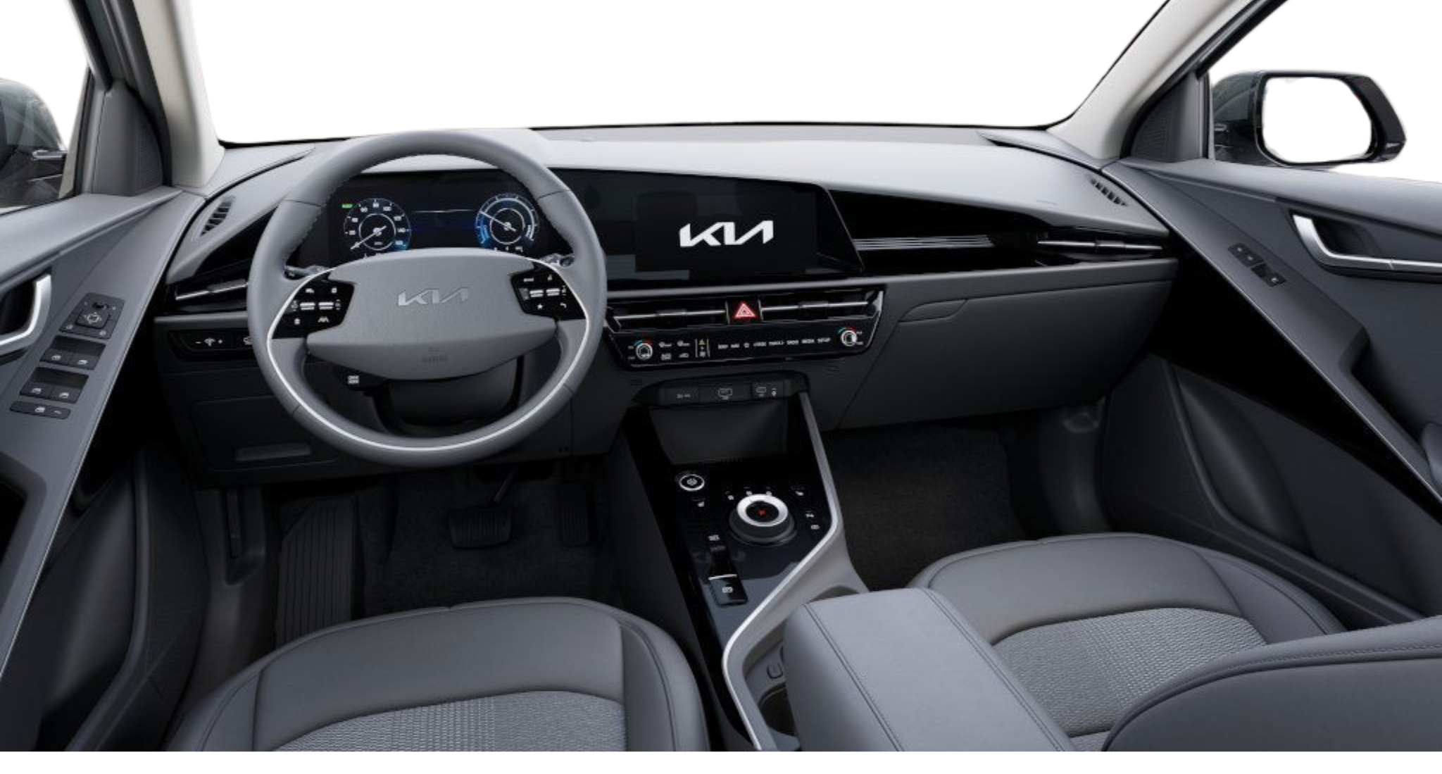 2025 Kia Niro EV Wind FWD interior dashboard showcasing the dual 10.25-inch displays, multifunction steering wheel, and premium cabin design with advanced technology features.