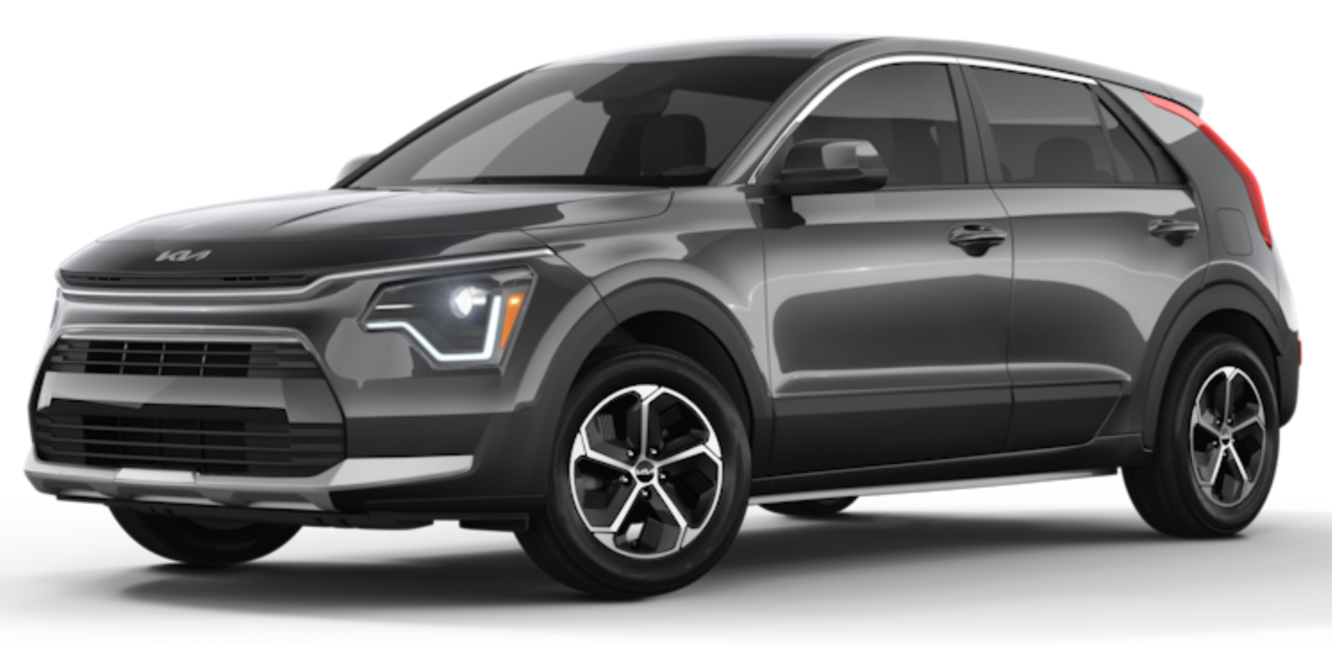 Front view of the 2025 Kia Niro LX FWD hybrid SUV with signature LED headlights, black front grille, and aerodynamic contours, emphasizing its modern, fuel-efficient design.