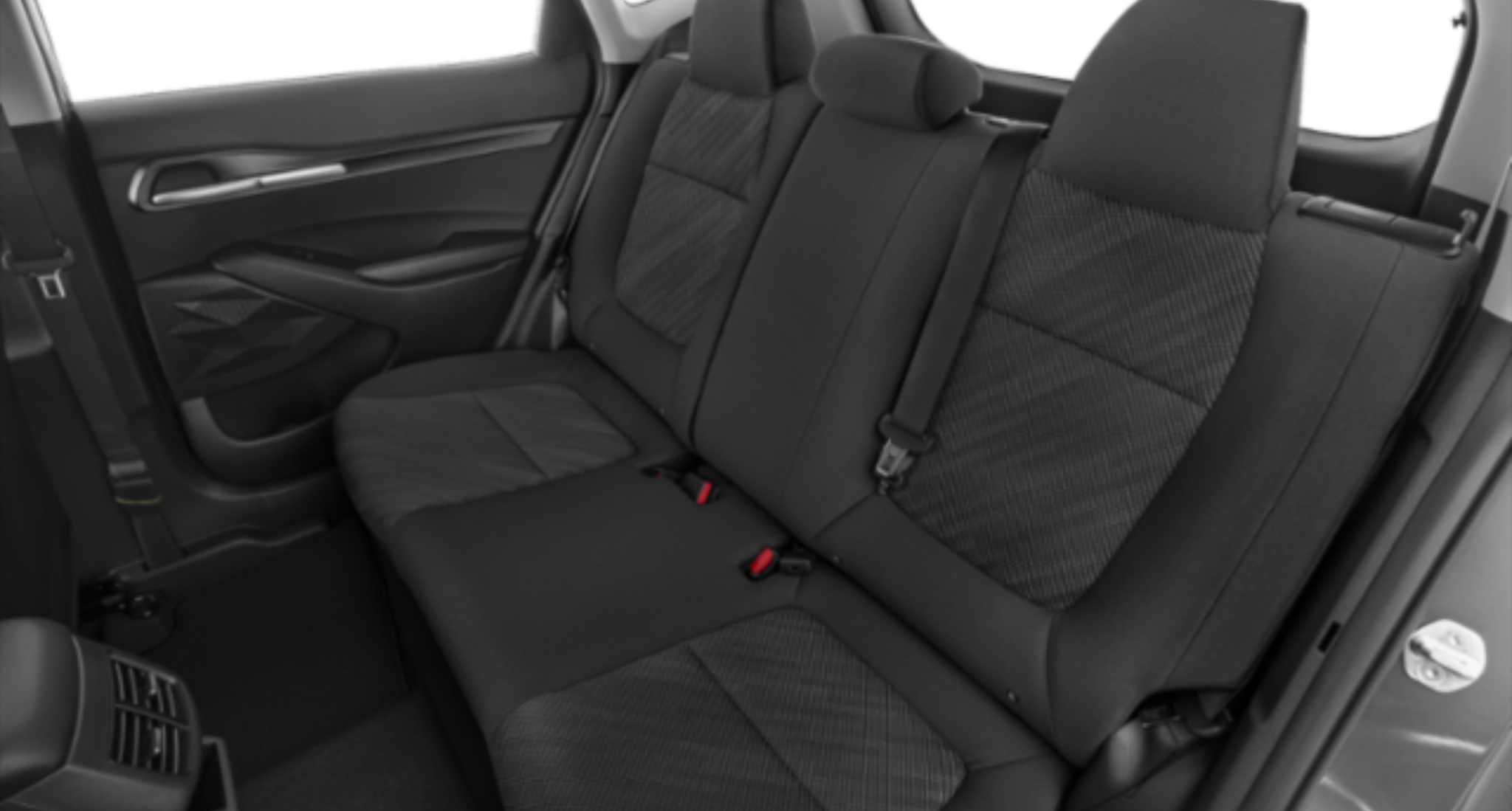 Rear view of the 2025 Kia Seltos LX AWD interior showcasing the spacious second-row seating with cloth upholstery and 60/40 split-folding rear seats.