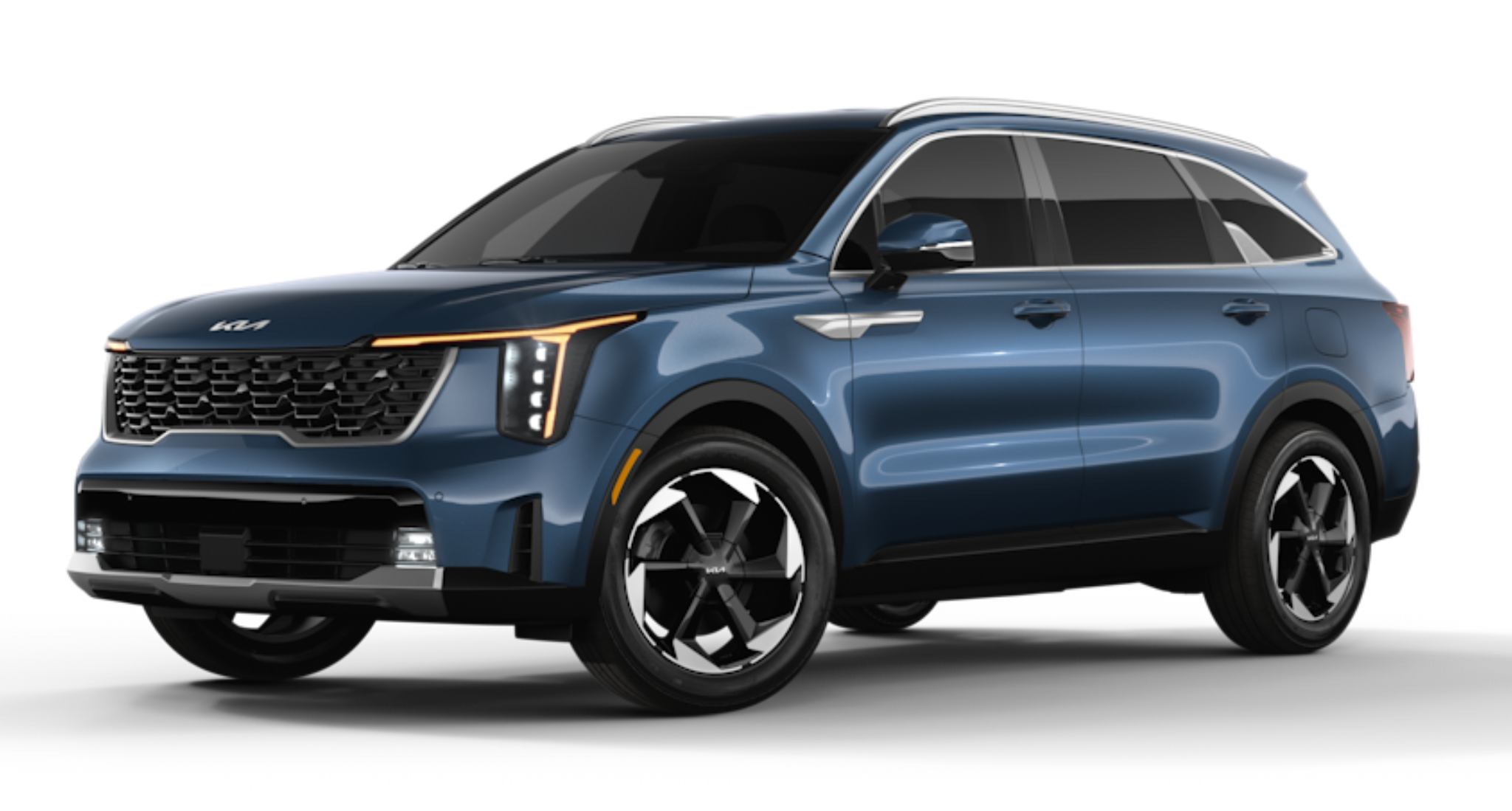 Front view of the 2025 Kia Sorento Hybrid EX showcasing the gloss black grille, LED headlights, and sleek body lines in Mineral Blue color.