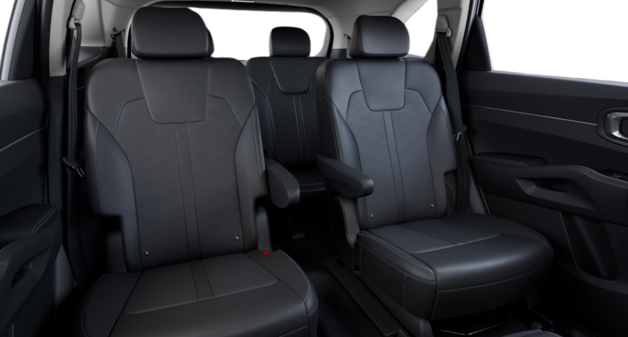 Second-row captain’s chairs and third-row seating in the 2025 Kia Sorento Hybrid EX, featuring black SynTex upholstery and spacious legroom.