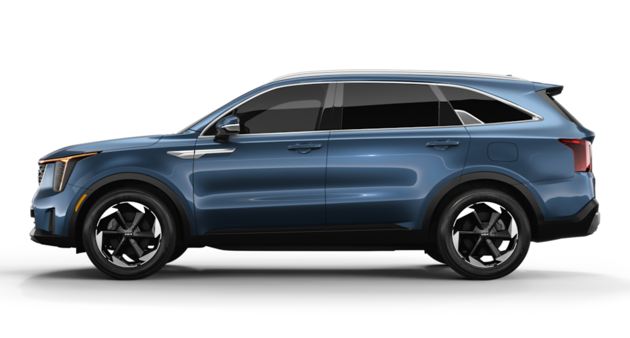 Side profile of the 2025 Kia Sorento Hybrid EX featuring 19-inch alloy wheels, chrome window trim, and aerodynamic design in Mineral Blue.