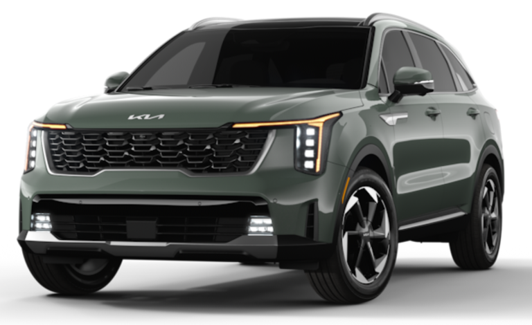 Front view of the 2025 Kia Sorento PHEV EX AWD showcasing its signature tiger-nose grille, LED headlights with vertical daytime running lights, and bold front bumper design, emphasizing its plug-in hybrid SUV status.