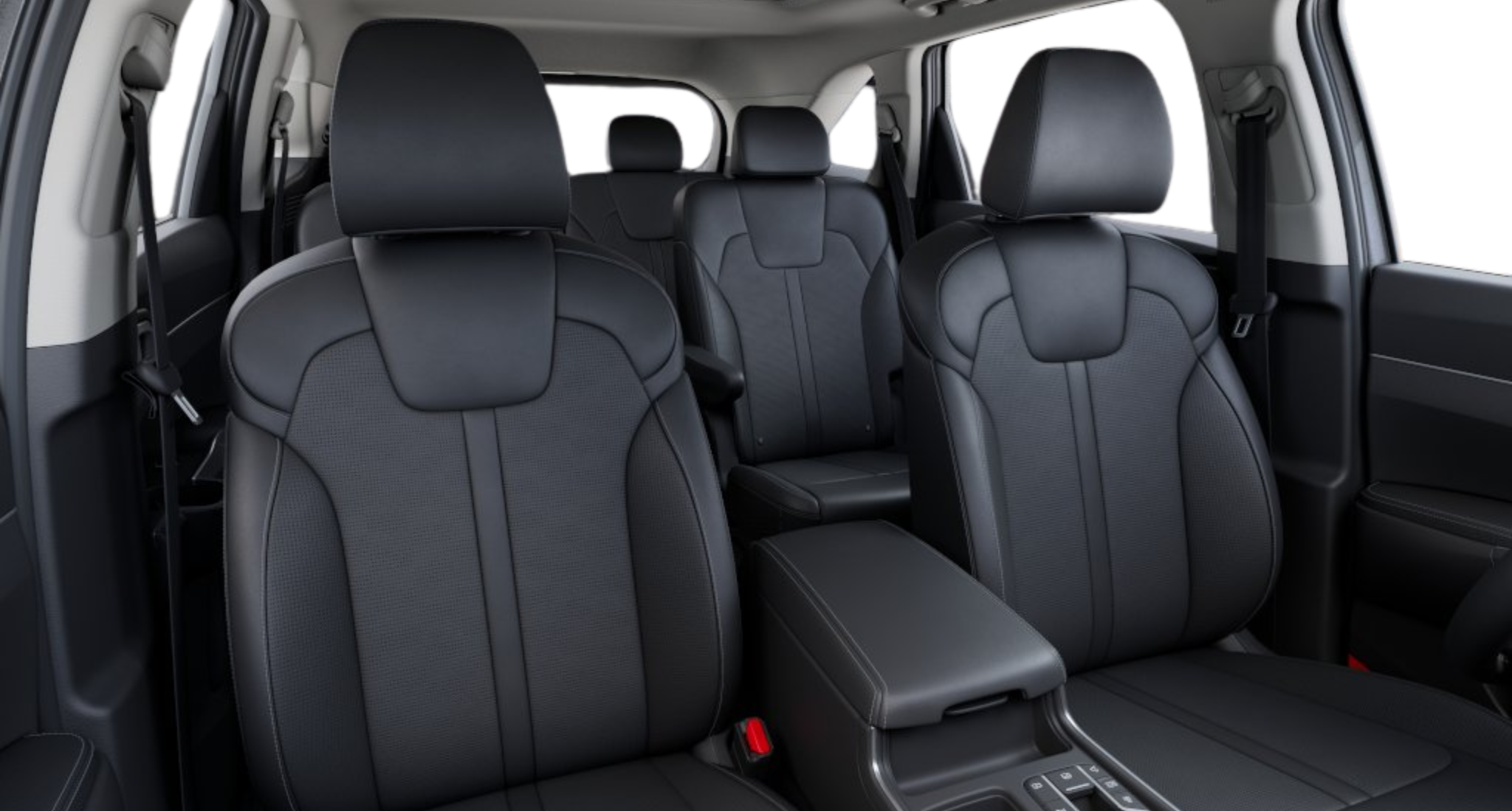 2025 Kia Sorento PHEV EX AWD rear seating view showcasing premium black SynTex upholstery, second-row captain’s chairs, and spacious third-row seating designed for six-passenger comfort.