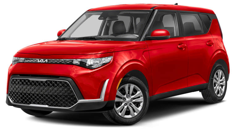 Front view of the 2025 Kia Soul LX FWD in red, displaying its bold grille, sharp LED headlights, and contemporary styling with a sporty urban look.