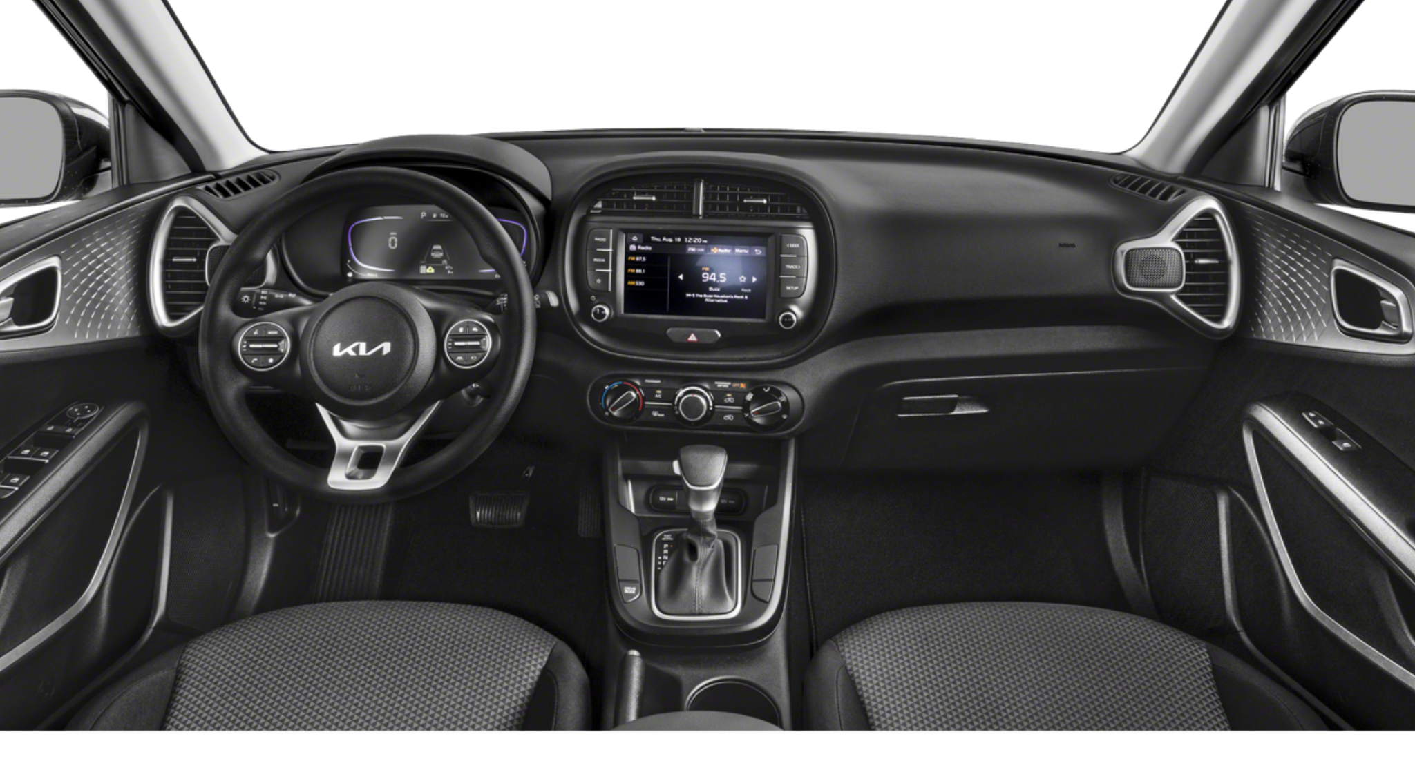 Interior dashboard of the 2025 Kia Soul LX FWD featuring an 8-inch touchscreen display, multi-function steering wheel, digital instrument cluster, and modern climate controls