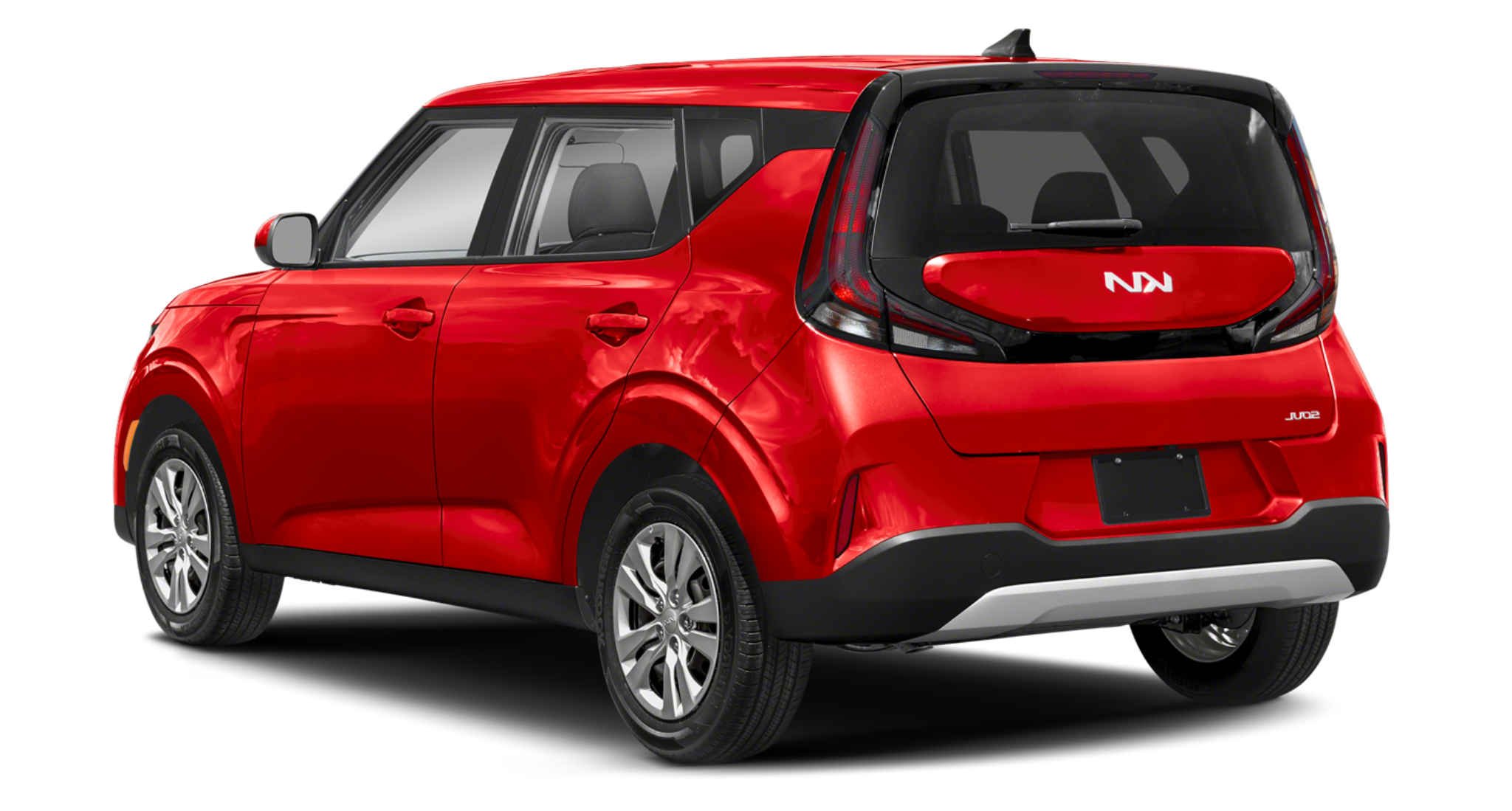 Rear exterior view of the 2025 Kia Soul LX FWD in vibrant red, highlighting its signature boxy design, sleek taillights, and spacious cargo area access.