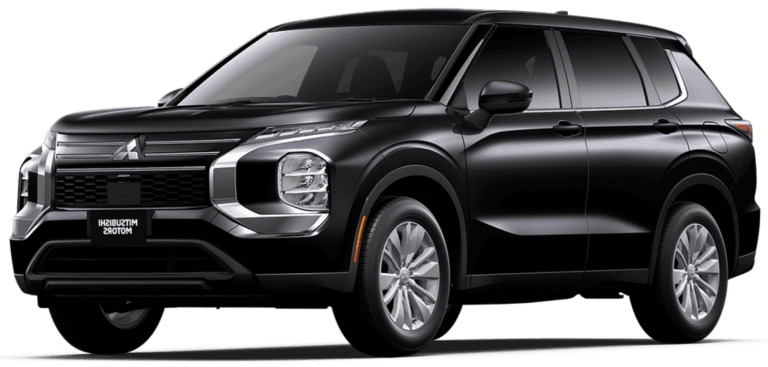 Front view of the 2025 Mitsubishi Outlander ES with dynamic grille design, LED headlights, and aerodynamic styling in black