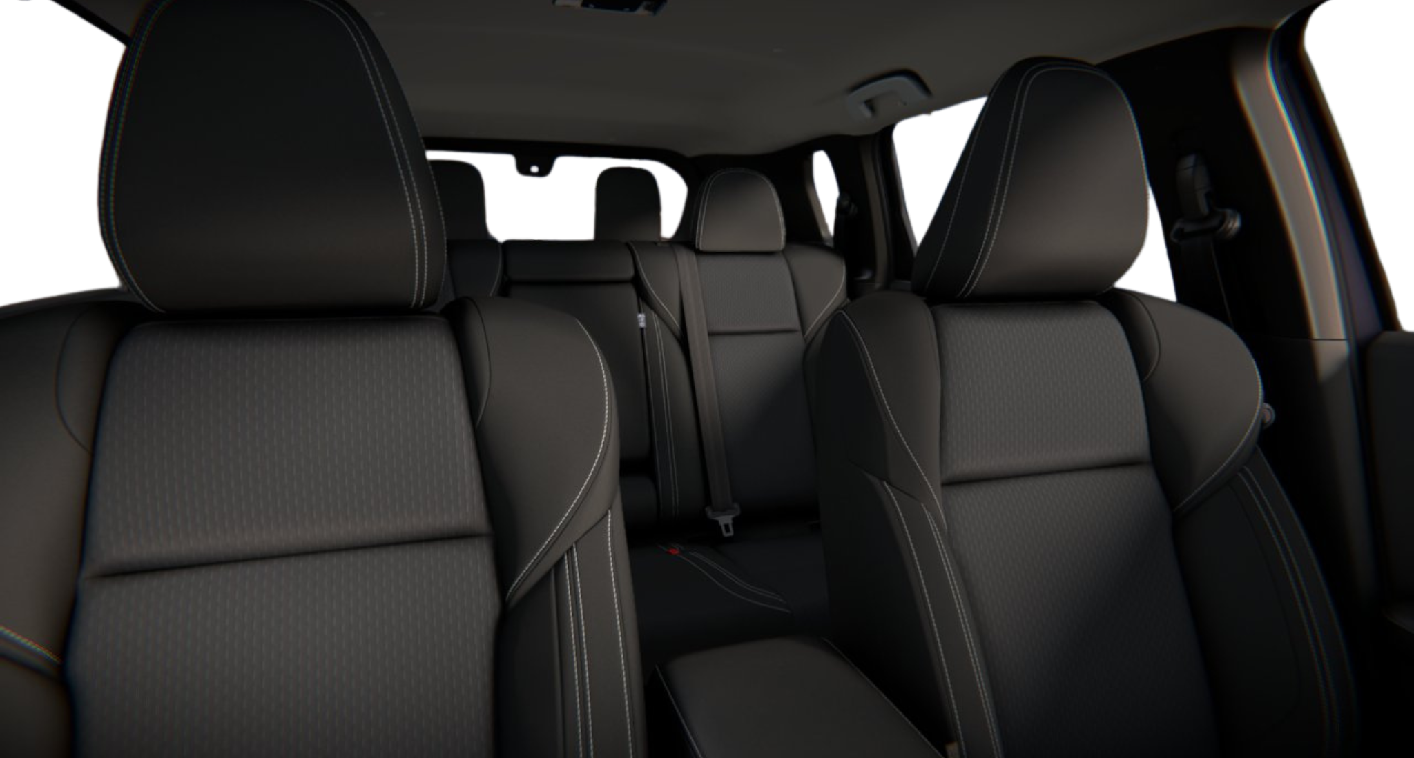 2025 Mitsubishi Outlander ES interior showing black cloth seating for seven passengers with modern stitching and spacious layout
