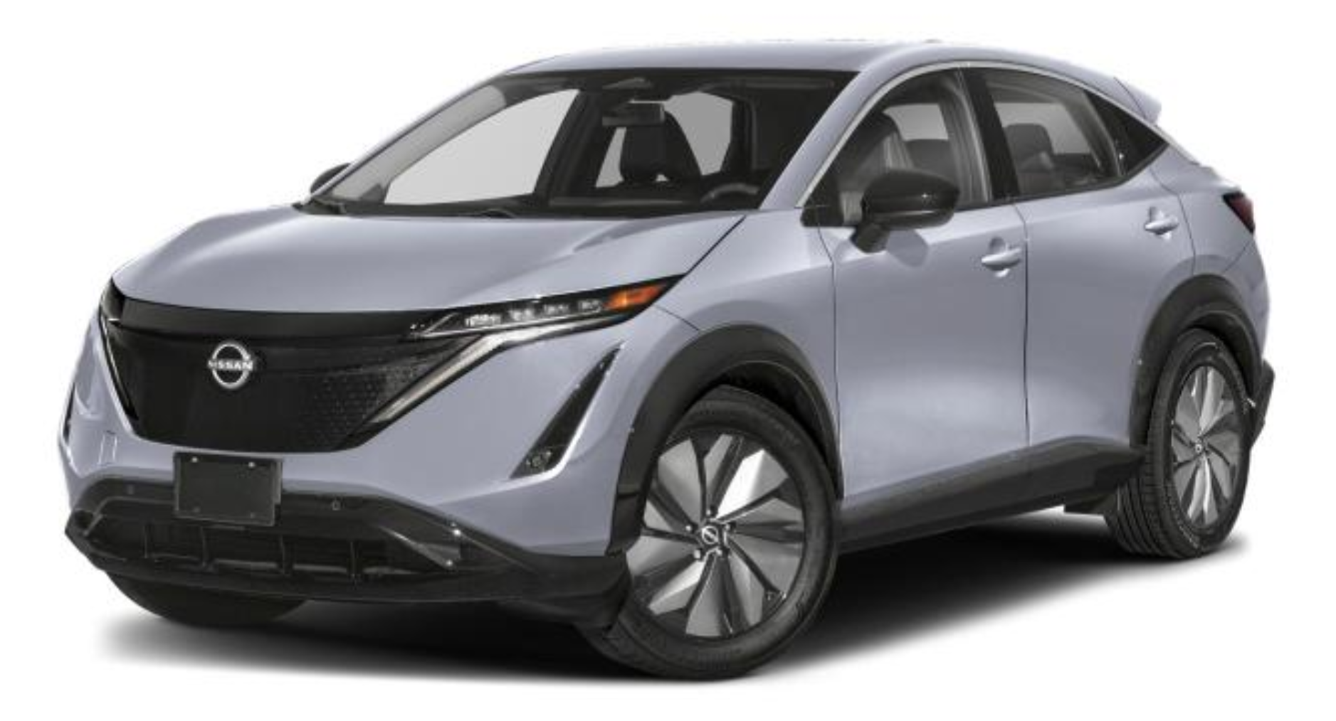 Front view of the 2025 Nissan Ariya Engage FWD showcasing the bold V-Motion grille, slim LED headlights, and sleek design for an all-electric modern SUV.