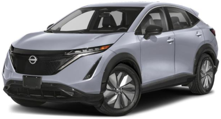 Front view of the 2025 Nissan Ariya Engage FWD showcasing the bold V-Motion grille, slim LED headlights, and sleek design for an all-electric modern SUV.