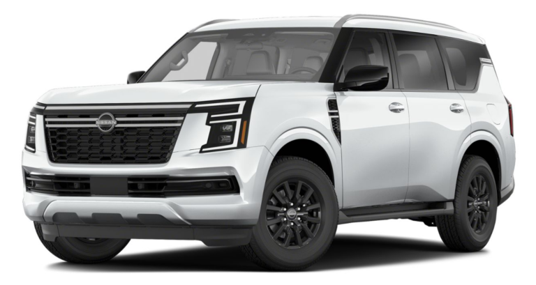 Front angle view of the 2025 Nissan Armada SV showcasing its aggressive grille design, LED headlights with signature lighting, and aerodynamic styling in pearl white.