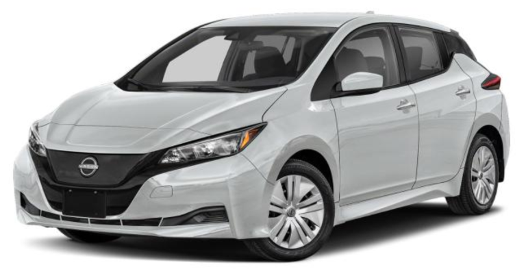 Front exterior view of the 2025 Nissan Leaf S electric hatchback featuring sharp LED headlights, Nissan’s signature V-Motion grille, and a modern aerodynamic design.
