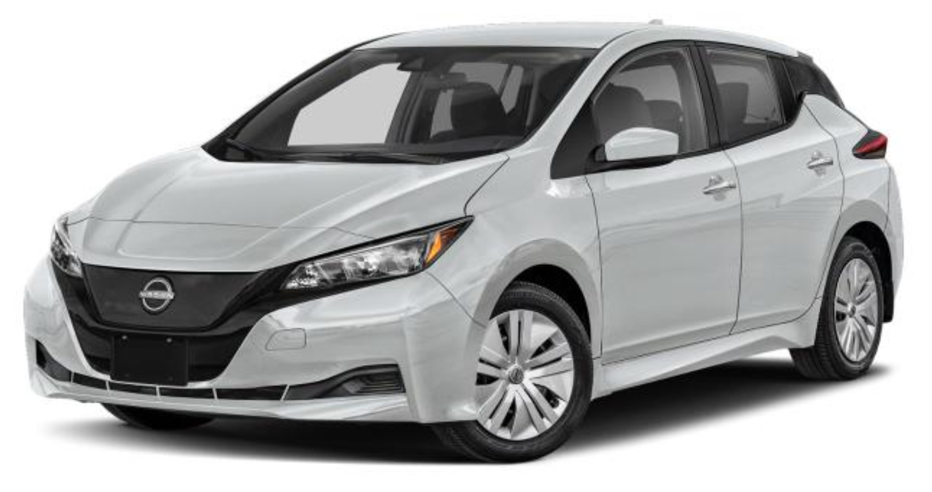 Front exterior view of the 2025 Nissan Leaf S electric hatchback featuring sharp LED headlights, Nissan’s signature V-Motion grille, and a modern aerodynamic design.