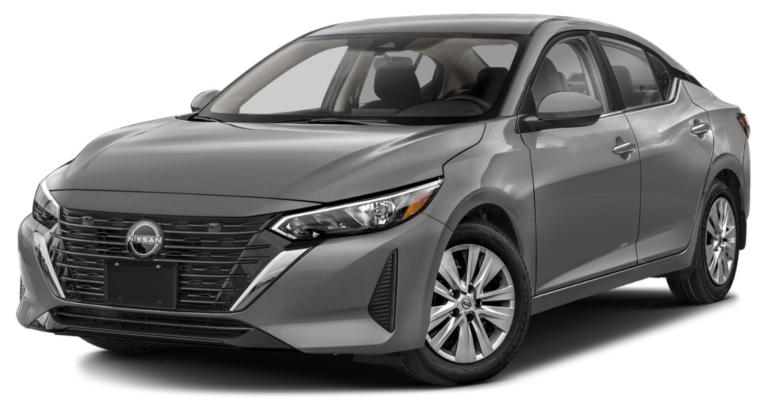 Front exterior view of the 2025 Nissan Sentra S showcasing the signature V-motion grille, sharp LED headlights, and bold styling that gives the compact sedan a commanding road presence.