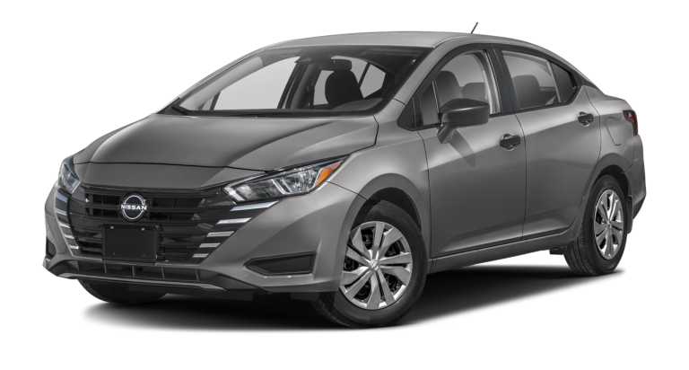 Front exterior view of the 2025 Nissan Versa S FWD featuring the bold V-Motion grille, LED headlights, and sculpted hood design in Gun Metallic.
