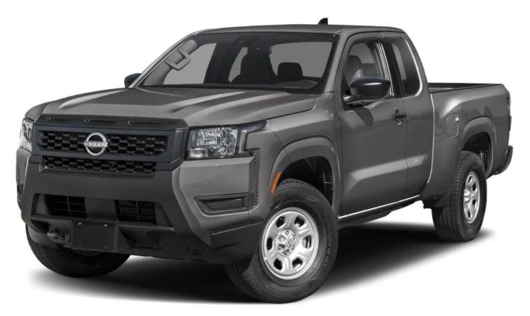 Front exterior view of the 2025 Nissan Frontier King Cab S 4x2, featuring a blacked-out grille, halogen headlights, and a rugged bumper design.