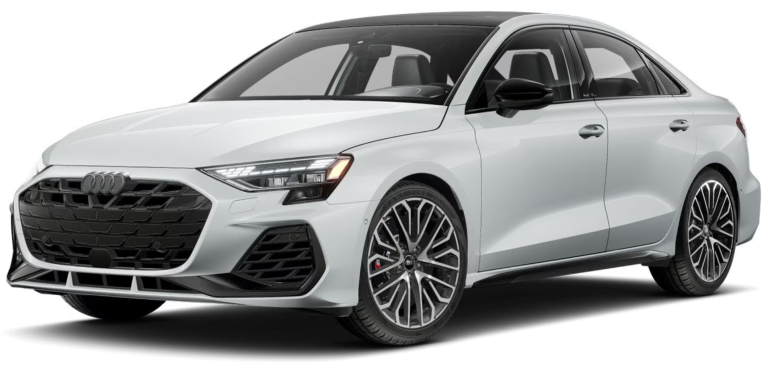The 2025 Audi S3 in a striking front view, showcasing its aggressive black grille, sharp LED headlights, and aerodynamic design for a sporty, modern appeal.