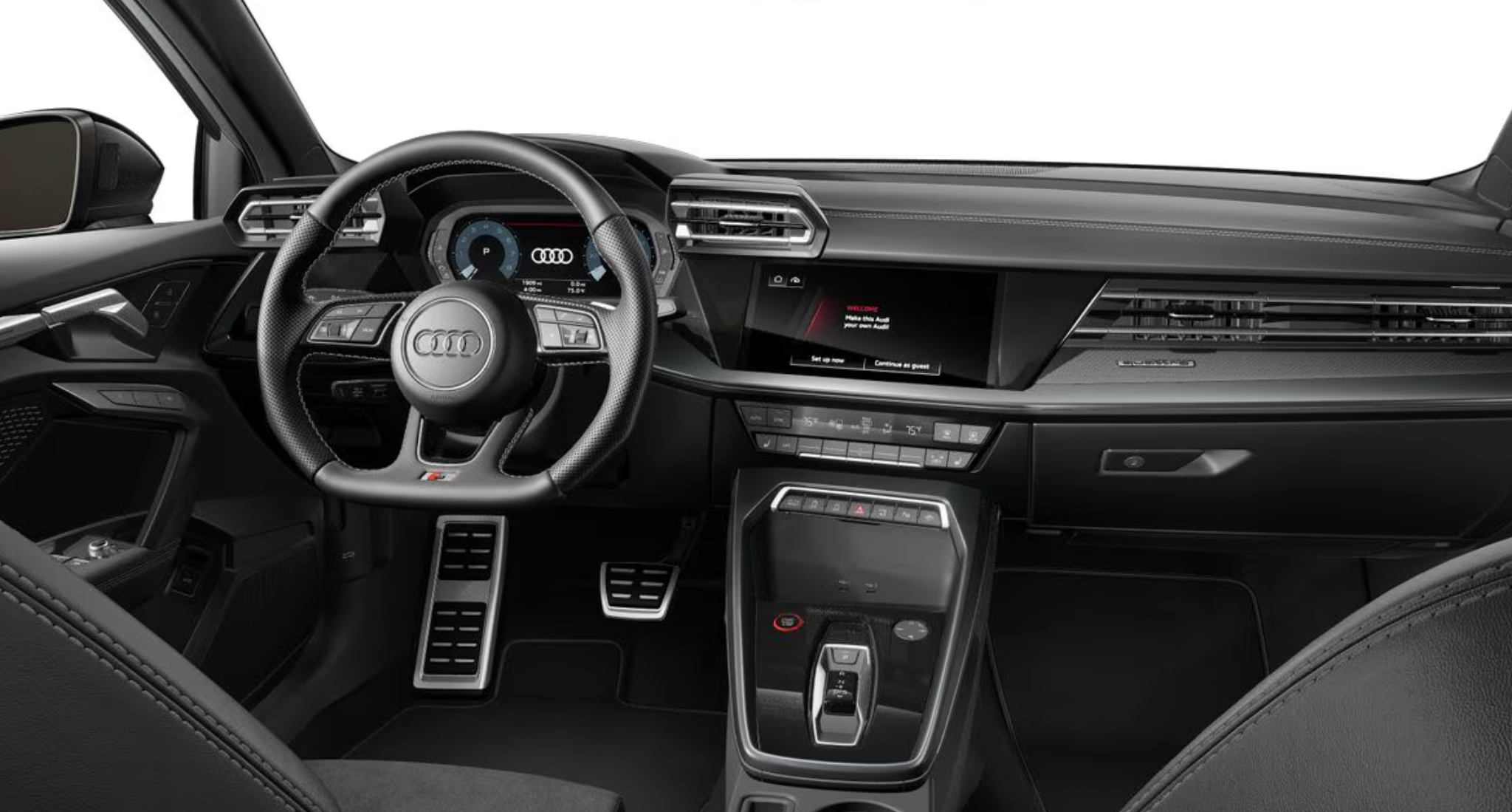 The futuristic dashboard of the 2025 Audi S3, equipped with a digital instrument cluster, a premium touchscreen infotainment system, and a driver-focused cockpit.