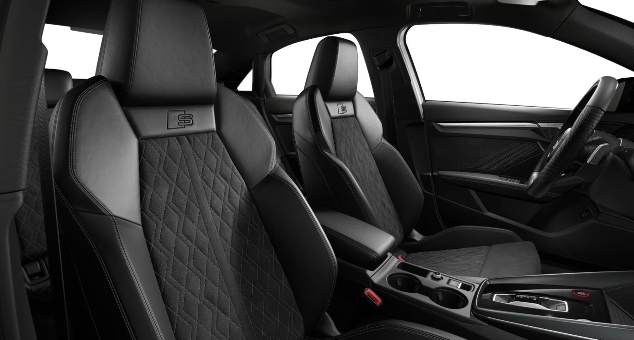 The luxurious sport seats of the 2025 Audi S3, featuring quilted leather upholstery, embossed S badging, and ergonomic support for ultimate comfort and style.