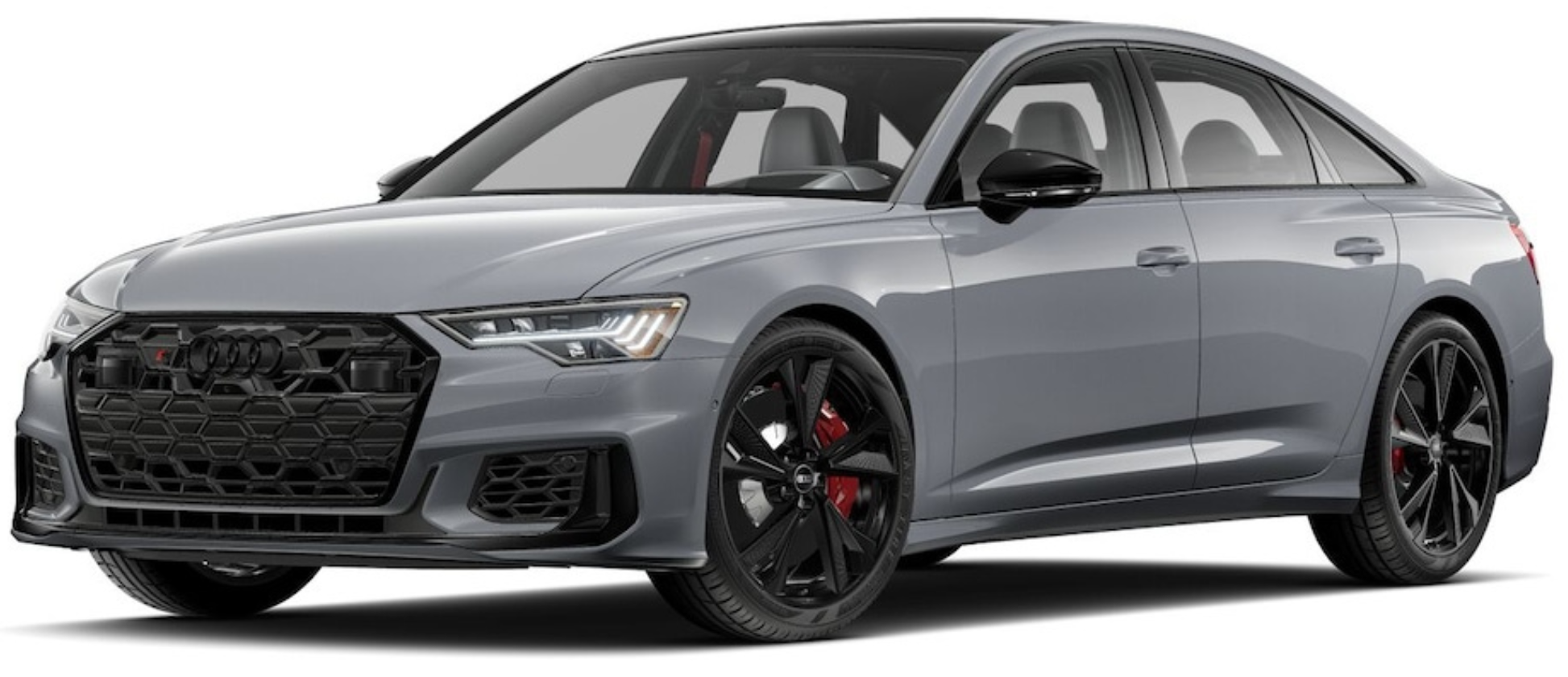 Bold front view of the 2025 Audi S6, highlighting its black honeycomb grille, sharp LED headlights, and aggressive front bumper that exudes power and sophistication.