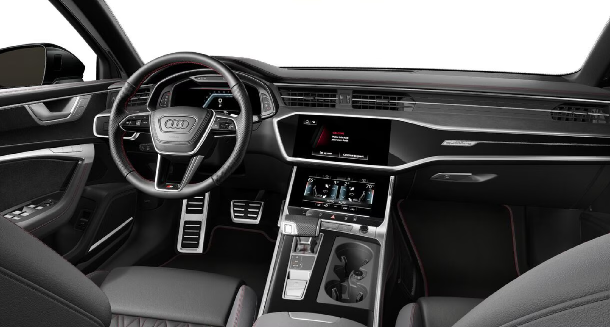 A sleek and modern dashboard of the 2025 Audi S6, featuring a digital instrument cluster, dual touchscreen infotainment system, and premium black trim seats.