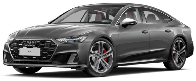 2025 Audi S7 front view featuring an aggressive honeycomb grille, sharp LED headlights, and bold sporty accents.