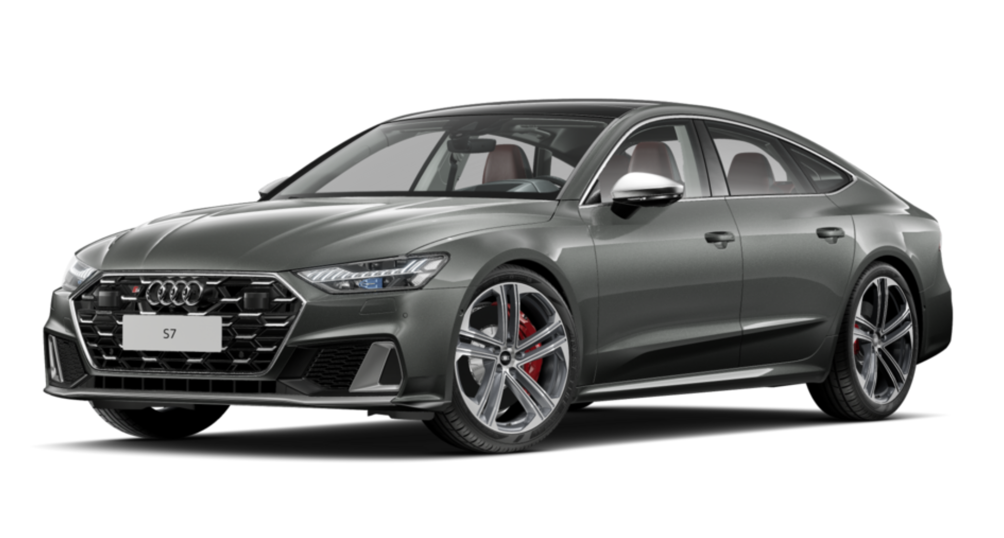 2025 Audi S7 front view featuring an aggressive honeycomb grille, sharp LED headlights, and bold sporty accents.