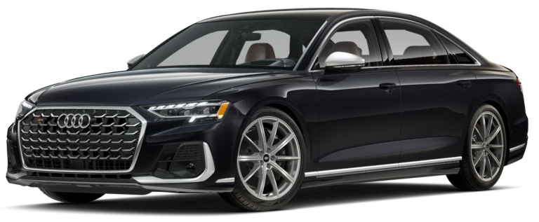 A sleek and powerful 2025 Audi S8 in black, showcasing its bold hexagonal grille, sharp LED headlights, and aggressive front fascia.
