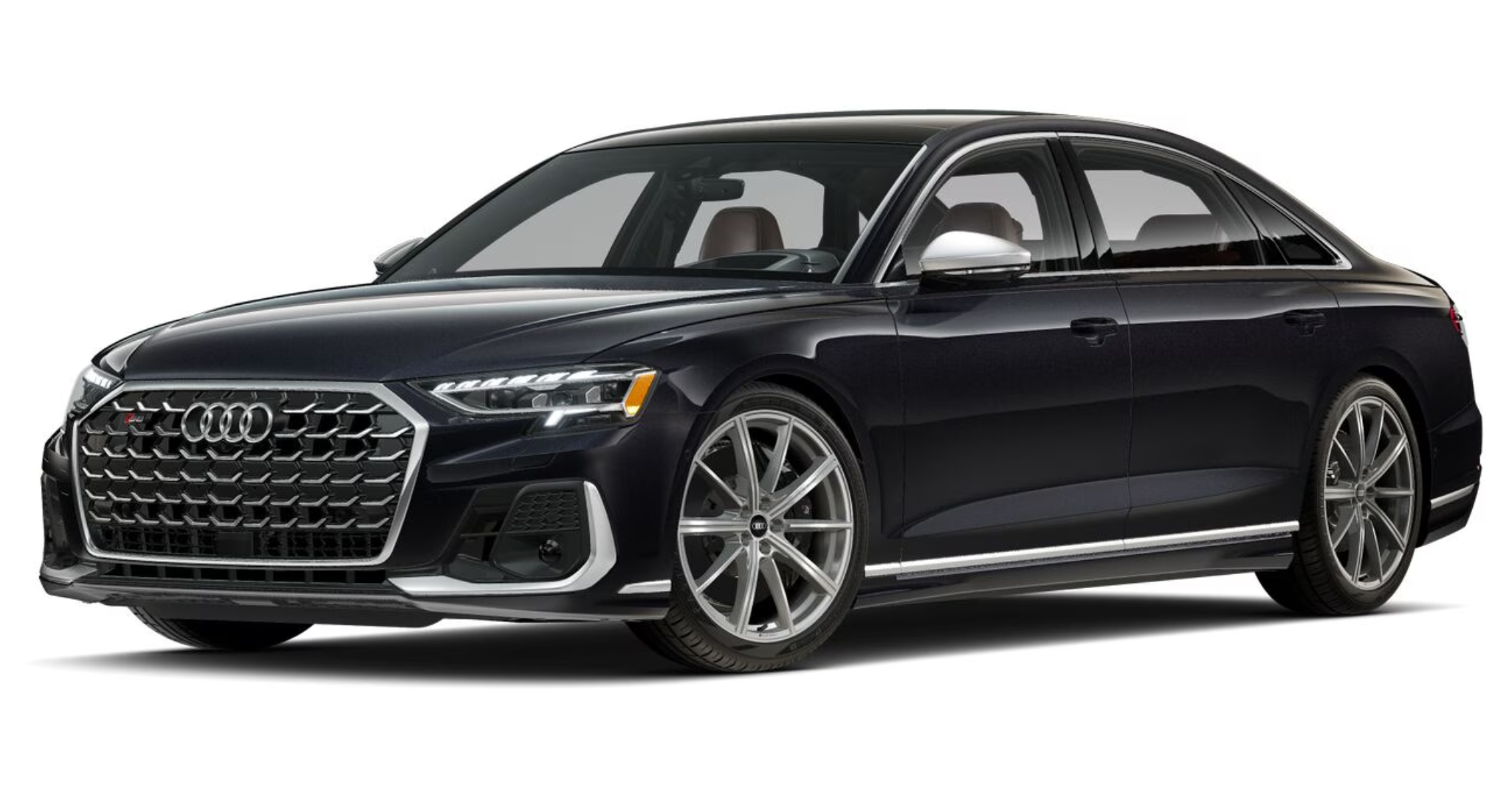 A sleek and powerful 2025 Audi S8 in black, showcasing its bold hexagonal grille, sharp LED headlights, and aggressive front fascia.