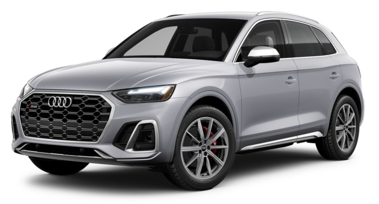 Front exterior view of the 2025 Audi SQ5 showcasing the signature Singleframe honeycomb grille, LED matrix headlights, and aggressive sport styling.
